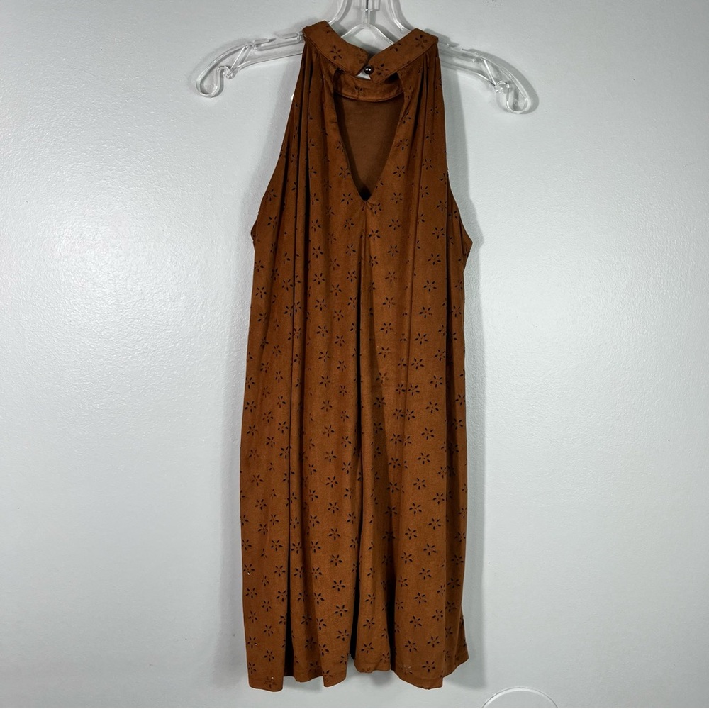 Earthbound Brown Vegan Suede Laser Cutout Dot Print Halter High Neck Dress M - Picture 5 of 5